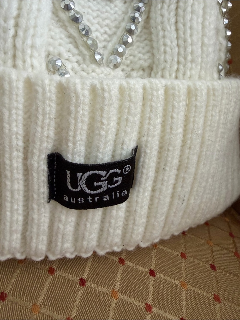 UGG White Ribbed Knit Beanie with Rhinestone Accents